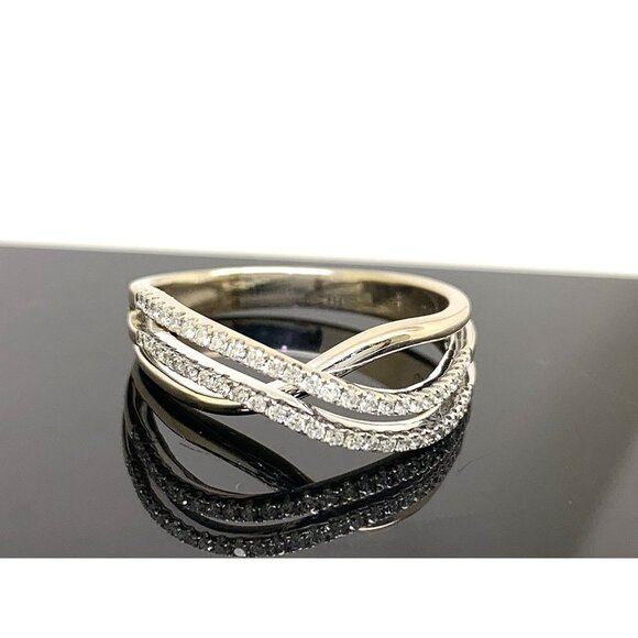 Double Row Diamond Ring 18k White Gold Crossover Style Women's Band Size 9.25 - Picture 1 of 14